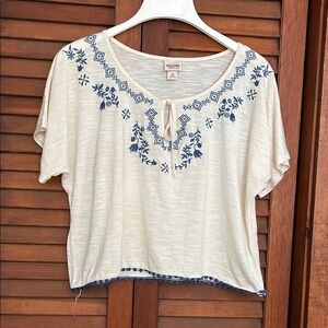 Mossimo Supply Co. Cream Crop Top with Navy Embroidery